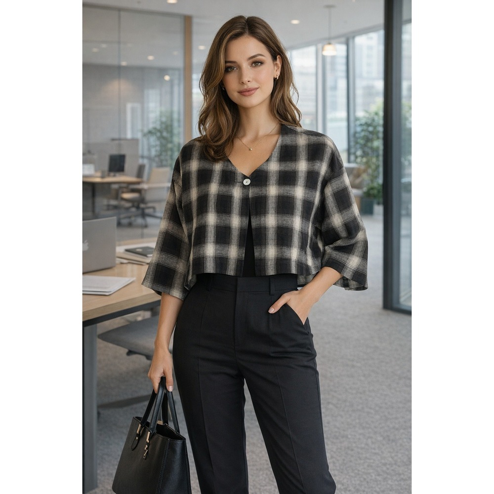 Bryn Walker Plaid Linen Cropped Kimono Jacket‎ Shirt Made in USA Women